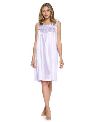 Casual Nights Women's Tricot Sheer Lace Sleeveless Nightgown - Lilac Purple - This Women's Lace Trim Lounger Tricot Nightshirt from Casual Nights is made from lightweight silky smooth poly fabric offering an ultra-comfortable yet flattering fit. Featuring; crew neckline with flower lace sheer yolk, ruffled trim with satin bow accent, sleeveless, flirty knee length approx. 38 inches. Youll love slipping it on, this sleep nightgown is a great option for those who want something a lighter and sexier. 