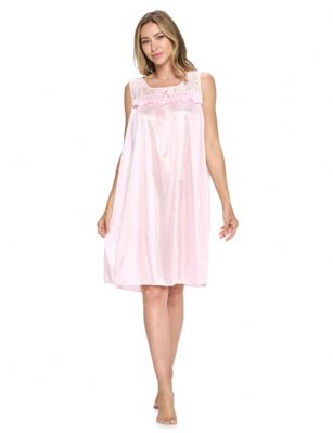 Casual Nights Women's Tricot Sheer Lace Sleeveless Nightgown - Pink - This Women's Lace Trim Lounger Tricot Nightshirt from Casual Nights is made from lightweight silky smooth poly fabric offering an ultra-comfortable yet flattering fit. Featuring; crew neckline with flower lace sheer yolk, ruffled trim with satin bow accent, sleeveless, flirty knee length approx. 38 inches. Youll love slipping it on, this sleep nightgown is a great option for those who want something a lighter and sexier. 