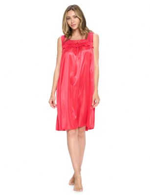 Casual Nights Women's Tricot Sheer Lace Sleeveless Nightgown - Red - This Women's Lace Trim Lounger Tricot Nightshirt from Casual Nights is made from lightweight silky smooth poly fabric offering an ultra-comfortable yet flattering fit. Featuring; crew neckline with flower lace sheer yolk, ruffled trim with satin bow accent, sleeveless, flirty knee length approx. 38 inches. Youll love slipping it on, this sleep nightgown is a great option for those who want something a lighter and sexier. 