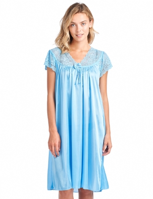 Casual Nights Women's Fancy Lace Neckline Silky Tricot Nightgown - Blue - if your measurements fall between two sizes we recommend ordering a larger size as most people prefer their sleepwear a little looser.You'll love slipping into this gown designed in silky satin fabric witha Sexy pattern, FeaturesV-Neck,lace and Flatteringbow accentthat lend a feminine flair. A Lightweight, flowing fabric that keeps your sleepwear comfortable and stylish.