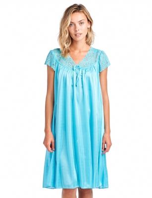 Casual Nights Women's Fancy Lace Neckline Silky Tricot Nightgown - Teal - if your measurements fall between two sizes we recommend ordering a larger size as most people prefer their sleepwear a little looser.You'll love slipping into this gown designed in silky satin fabric witha Sexy pattern, FeaturesV-Neck,lace and Flatteringbow accentthat lend a feminine flair. A Lightweight, flowing fabric that keeps your sleepwear comfortable and stylish.