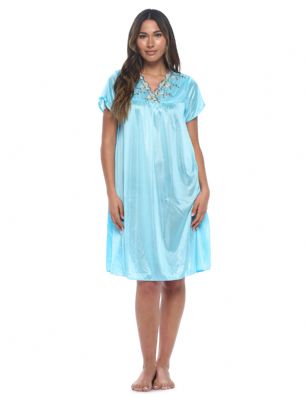 Casual Nights Women's Fancy Lace Neckline Silky Tricot Nightgown - Blue - This lightweight and comfortable silk feel Short Sleeve Women's Lace Trim Lounger Tricot Nightshirt for ladies from the Casual Nights Loungewear and Sleepwear robes Collection, in beautiful feminine floral pattern design. This easy to wear nightshirt is made of 100% Poly fabric. The satin sleep dress Features V-neck neckline with floral embroidery yolk, with bow accent on short sleeves, flirty knee length approx. 38 inches Shoulder to hem. This nightgown has a relaxed comfortable fit and comes in regular and plus sizes M, L, XL, 2X. All year winter and summer versatile multi uses, wear around the house as relaxed home day, a sleepshirt dress. Our sleep robe gowns are perfect to use for maternity, labor/delivery, hospital gown. Youll love slipping it on, this sleep nightgown is a great option for those who want something a lighter and sexier. Makes a perfect Mothers Day gift for your loved ones, mom, older women, or elderly grandmother. Even beautiful and comfortable enough for everyday use around the house.Please use our size chart to determine which size will fit you best, if your measurements fall between two sizes, we recommend ordering a larger size as most people prefer their sleepwear a little looser.  Medium: Measures US Size 8-10, Chests/Bust 36"-38" Large: Measures US Size 1214, Chests/Bust 38.5"-41" X-Large: Measures US Size 16-18, Chests/Bust 42"-44" XX-Large: Measures US Size 18W-20W, Chests/Bust 46-48"