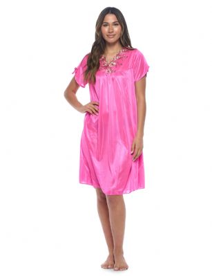 Casual Nights Women's Fancy Lace Neckline Silky Tricot Nightgown - Fuchsia - This lightweight and comfortable silk feel Short Sleeve Women's Lace Trim Lounger Tricot Nightshirt for ladies from the Casual Nights Loungewear and Sleepwear robes Collection, in beautiful feminine floral pattern design. This easy to wear nightshirt is made of 100% Poly fabric. The satin sleep dress Features V-neck neckline with floral embroidery yolk, with bow accent on short sleeves, flirty knee length approx. 38 inches Shoulder to hem. This nightgown has a relaxed comfortable fit and comes in regular and plus sizes M, L, XL, 2X. All year winter and summer versatile multi uses, wear around the house as relaxed home day, a sleepshirt dress. Our sleep robe gowns are perfect to use for maternity, labor/delivery, hospital gown. Youll love slipping it on, this sleep nightgown is a great option for those who want something a lighter and sexier. Makes a perfect Mothers Day gift for your loved ones, mom, older women, or elderly grandmother. Even beautiful and comfortable enough for everyday use around the house.Please use our size chart to determine which size will fit you best, if your measurements fall between two sizes, we recommend ordering a larger size as most people prefer their sleepwear a little looser.  Medium: Measures US Size 8-10, Chests/Bust 36"-38" Large: Measures US Size 1214, Chests/Bust 38.5"-41" X-Large: Measures US Size 16-18, Chests/Bust 42"-44" XX-Large: Measures US Size 18W-20W, Chests/Bust 46-48"