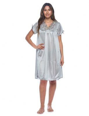 Casual Nights Women's Fancy Lace Neckline Silky Tricot Nightgown - Grey - This lightweight and comfortable silk feel Short Sleeve Women's Lace Trim Lounger Tricot Nightshirt for ladies from the Casual Nights Loungewear and Sleepwear robes Collection, in beautiful feminine floral pattern design. This easy to wear nightshirt is made of 100% Poly fabric. The satin sleep dress Features V-neck neckline with floral embroidery yolk, with bow accent on short sleeves, flirty knee length approx. 38 inches Shoulder to hem. This nightgown has a relaxed comfortable fit and comes in regular and plus sizes M, L, XL, 2X. All year winter and summer versatile multi uses, wear around the house as relaxed home day, a sleepshirt dress. Our sleep robe gowns are perfect to use for maternity, labor/delivery, hospital gown. Youll love slipping it on, this sleep nightgown is a great option for those who want something a lighter and sexier. Makes a perfect Mothers Day gift for your loved ones, mom, older women, or elderly grandmother. Even beautiful and comfortable enough for everyday use around the house.Please use our size chart to determine which size will fit you best, if your measurements fall between two sizes, we recommend ordering a larger size as most people prefer their sleepwear a little looser.  Medium: Measures US Size 8-10, Chests/Bust 36"-38" Large: Measures US Size 1214, Chests/Bust 38.5"-41" X-Large: Measures US Size 16-18, Chests/Bust 42"-44" XX-Large: Measures US Size 18W-20W, Chests/Bust 46-48"