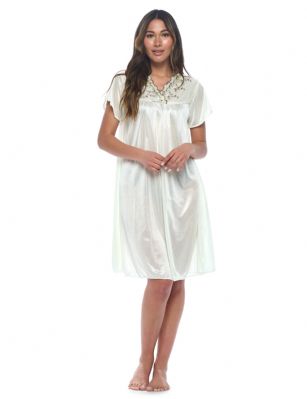 Casual Nights Women's Fancy Lace Neckline Silky Tricot Nightgown - Light Green - This lightweight and comfortable silk feel Short Sleeve Women's Lace Trim Lounger Tricot Nightshirt for ladies from the Casual Nights Loungewear and Sleepwear robes Collection, in beautiful feminine floral pattern design. This easy to wear nightshirt is made of 100% Poly fabric. The satin sleep dress Features V-neck neckline with floral embroidery yolk, with bow accent on short sleeves, flirty knee length approx. 38 inches Shoulder to hem. This nightgown has a relaxed comfortable fit and comes in regular and plus sizes M, L, XL, 2X. All year winter and summer versatile multi uses, wear around the house as relaxed home day, a sleepshirt dress. Our sleep robe gowns are perfect to use for maternity, labor/delivery, hospital gown. Youll love slipping it on, this sleep nightgown is a great option for those who want something a lighter and sexier. Makes a perfect Mothers Day gift for your loved ones, mom, older women, or elderly grandmother. Even beautiful and comfortable enough for everyday use around the house.Please use our size chart to determine which size will fit you best, if your measurements fall between two sizes, we recommend ordering a larger size as most people prefer their sleepwear a little looser.  Medium: Measures US Size 8-10, Chests/Bust 36"-38" Large: Measures US Size 1214, Chests/Bust 38.5"-41" X-Large: Measures US Size 16-18, Chests/Bust 42"-44" XX-Large: Measures US Size 18W-20W, Chests/Bust 46-48"