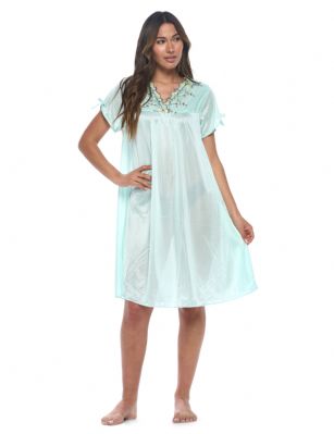 Casual Nights Women's Fancy Lace Neckline Silky Tricot Nightgown - Mint Green - This lightweight and comfortable silk feel Short Sleeve Women's Lace Trim Lounger Tricot Nightshirt for ladies from the Casual Nights Loungewear and Sleepwear robes Collection, in beautiful feminine floral pattern design. This easy to wear nightshirt is made of 100% Poly fabric. The satin sleep dress Features V-neck neckline with floral embroidery yolk, with bow accent on short sleeves, flirty knee length approx. 38 inches Shoulder to hem. This nightgown has a relaxed comfortable fit and comes in regular and plus sizes M, L, XL, 2X. All year winter and summer versatile multi uses, wear around the house as relaxed home day, a sleepshirt dress. Our sleep robe gowns are perfect to use for maternity, labor/delivery, hospital gown. Youll love slipping it on, this sleep nightgown is a great option for those who want something a lighter and sexier. Makes a perfect Mothers Day gift for your loved ones, mom, older women, or elderly grandmother. Even beautiful and comfortable enough for everyday use around the house.Please use our size chart to determine which size will fit you best, if your measurements fall between two sizes, we recommend ordering a larger size as most people prefer their sleepwear a little looser.  Medium: Measures US Size 8-10, Chests/Bust 36"-38" Large: Measures US Size 1214, Chests/Bust 38.5"-41" X-Large: Measures US Size 16-18, Chests/Bust 42"-44" XX-Large: Measures US Size 18W-20W, Chests/Bust 46-48"
