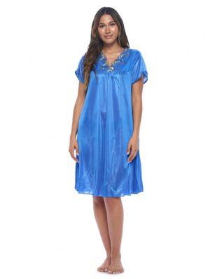 Casual Nights Women's Fancy Lace Neckline Silky Tricot Nightgown - Navy - This lightweight and comfortable silk feel Short Sleeve Women's Lace Trim Lounger Tricot Nightshirt for ladies from the Casual Nights Loungewear and Sleepwear robes Collection, in beautiful feminine floral pattern design. This easy to wear nightshirt is made of 100% Poly fabric. The satin sleep dress Features V-neck neckline with floral embroidery yolk, with bow accent on short sleeves, flirty knee length approx. 38 inches Shoulder to hem. This nightgown has a relaxed comfortable fit and comes in regular and plus sizes M, L, XL, 2X. All year winter and summer versatile multi uses, wear around the house as relaxed home day, a sleepshirt dress. Our sleep robe gowns are perfect to use for maternity, labor/delivery, hospital gown. Youll love slipping it on, this sleep nightgown is a great option for those who want something a lighter and sexier. Makes a perfect Mothers Day gift for your loved ones, mom, older women, or elderly grandmother. Even beautiful and comfortable enough for everyday use around the house.Please use our size chart to determine which size will fit you best, if your measurements fall between two sizes, we recommend ordering a larger size as most people prefer their sleepwear a little looser.  Medium: Measures US Size 8-10, Chests/Bust 36"-38" Large: Measures US Size 1214, Chests/Bust 38.5"-41" X-Large: Measures US Size 16-18, Chests/Bust 42"-44" XX-Large: Measures US Size 18W-20W, Chests/Bust 46-48"