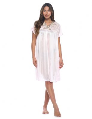 Casual Nights Women's Fancy Lace Neckline Silky Tricot Nightgown - Pink - This lightweight and comfortable silk feel Short Sleeve Women's Lace Trim Lounger Tricot Nightshirt for ladies from the Casual Nights Loungewear and Sleepwear robes Collection, in beautiful feminine floral pattern design. This easy to wear nightshirt is made of 100% Poly fabric. The satin sleep dress Features V-neck neckline with floral embroidery yolk, with bow accent on short sleeves, flirty knee length approx. 38 inches Shoulder to hem. This nightgown has a relaxed comfortable fit and comes in regular and plus sizes M, L, XL, 2X. All year winter and summer versatile multi uses, wear around the house as relaxed home day, a sleepshirt dress. Our sleep robe gowns are perfect to use for maternity, labor/delivery, hospital gown. Youll love slipping it on, this sleep nightgown is a great option for those who want something a lighter and sexier. Makes a perfect Mothers Day gift for your loved ones, mom, older women, or elderly grandmother. Even beautiful and comfortable enough for everyday use around the house.Please use our size chart to determine which size will fit you best, if your measurements fall between two sizes, we recommend ordering a larger size as most people prefer their sleepwear a little looser.  Medium: Measures US Size 8-10, Chests/Bust 36"-38" Large: Measures US Size 1214, Chests/Bust 38.5"-41" X-Large: Measures US Size 16-18, Chests/Bust 42"-44" XX-Large: Measures US Size 18W-20W, Chests/Bust 46-48"