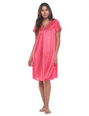 Casual Nights Women's Fancy Lace Neckline Silky Tricot Nightgown - Red - This lightweight and comfortable silk feel Short Sleeve Women's Lace Trim Lounger Tricot Nightshirt for ladies from the Casual Nights Loungewear and Sleepwear robes Collection, in beautiful feminine floral pattern design. This easy to wear nightshirt is made of 100% Poly fabric. The satin sleep dress Features V-neck neckline with floral embroidery yolk, with bow accent on short sleeves, flirty knee length approx. 38 inches Shoulder to hem. This nightgown has a relaxed comfortable fit and comes in regular and plus sizes M, L, XL, 2X. All year winter and summer versatile multi uses, wear around the house as relaxed home day, a sleepshirt dress. Our sleep robe gowns are perfect to use for maternity, labor/delivery, hospital gown. Youll love slipping it on, this sleep nightgown is a great option for those who want something a lighter and sexier. Makes a perfect Mothers Day gift for your loved ones, mom, older women, or elderly grandmother. Even beautiful and comfortable enough for everyday use around the house.Please use our size chart to determine which size will fit you best, if your measurements fall between two sizes, we recommend ordering a larger size as most people prefer their sleepwear a little looser.  Medium: Measures US Size 8-10, Chests/Bust 36"-38" Large: Measures US Size 1214, Chests/Bust 38.5"-41" X-Large: Measures US Size 16-18, Chests/Bust 42"-44" XX-Large: Measures US Size 18W-20W, Chests/Bust 46-48"