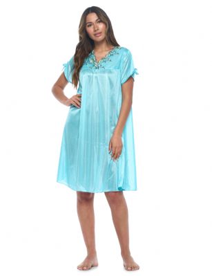Casual Nights Women's Fancy Lace Neckline Silky Tricot Nightgown - Teal - This lightweight and comfortable silk feel Short Sleeve Women's Lace Trim Lounger Tricot Nightshirt for ladies from the Casual Nights Loungewear and Sleepwear robes Collection, in beautiful feminine floral pattern design. This easy to wear nightshirt is made of 100% Poly fabric. The satin sleep dress Features V-neck neckline with floral embroidery yolk, with bow accent on short sleeves, flirty knee length approx. 38 inches Shoulder to hem. This nightgown has a relaxed comfortable fit and comes in regular and plus sizes M, L, XL, 2X. All year winter and summer versatile multi uses, wear around the house as relaxed home day, a sleepshirt dress. Our sleep robe gowns are perfect to use for maternity, labor/delivery, hospital gown. Youll love slipping it on, this sleep nightgown is a great option for those who want something a lighter and sexier. Makes a perfect Mothers Day gift for your loved ones, mom, older women, or elderly grandmother. Even beautiful and comfortable enough for everyday use around the house.Please use our size chart to determine which size will fit you best, if your measurements fall between two sizes, we recommend ordering a larger size as most people prefer their sleepwear a little looser.  Medium: Measures US Size 8-10, Chests/Bust 36"-38" Large: Measures US Size 1214, Chests/Bust 38.5"-41" X-Large: Measures US Size 16-18, Chests/Bust 42"-44" XX-Large: Measures US Size 18W-20W, Chests/Bust 46-48"