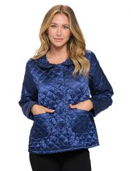 Casual Nights Women's Quilted Bed Jacket, Button Front Long Sleeve Sleep Top with Pockets - Blue