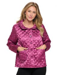 Casual Nights Women's Quilted Bed Jacket, Button Front Long Sleeve Sleep Top with Pockets - Burgundy