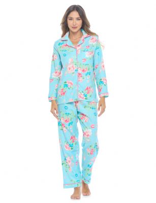 Casual Nights Women's Flannel Long Sleeve Button Down Pajama Set - Blue/Pink Floral - Please use our size chart to determine which size will fit you best, if your measurements fall between two sizes we recommend ordering a larger size as most people prefer their sleepwear a little looser.Small: Measures US Size 4-6, Chests/Bust 35-38" Medium: Measures US Size 8-10, Chests/Bust 37-40" Large: Measures US Size 12-14, Chests/Bust 38-42" X-Large: Measures US Size 14-16, Chests/Bust 42-44" XX-Large: Measures US Size 16-18, Chests/Bust 44-46" 3X-Large: Measures US Size 22, Chests/Bust 46-484X-Large: Measures US Size 24, Chests/Bust 50-54"Soft and lightweight Flannel Pajamas in a fun paisley pattern, coziest pajamas you'll ever own. Features Button down closure, Lace And Ribbon finish, elastic drawstring waist. These pjs offer comfortable straight fit perfect for sleeping or curling up on the couch to watch a movie.