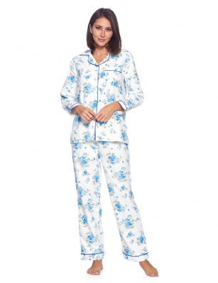 Casual Nights Women's Flannel Long Sleeve Button Down Pajama Set - White Blue Flower - Please use our size chart to determine which size will fit you best, if your measurements fall between two sizes we recommend ordering a larger size as most people prefer their sleepwear a little looser.Small: Measures US Size 4-6, Chests/Bust 35-38" Medium: Measures US Size 8-10, Chests/Bust 37-40" Large: Measures US Size 12-14, Chests/Bust 38-42" X-Large: Measures US Size 14-16, Chests/Bust 42-44" XX-Large: Measures US Size 16-18, Chests/Bust 44-46" 3X-Large: Measures US Size 22, Chests/Bust 46-484X-Large: Measures US Size 24, Chests/Bust 50-54"Soft and lightweight Flannel Pajamas in a fun paisley pattern, coziest pajamas you'll ever own. Features Button down closure, Lace And Ribbon finish, elastic drawstring waist. These pjs offer comfortable straight fit perfect for sleeping or curling up on the couch to watch a movie.