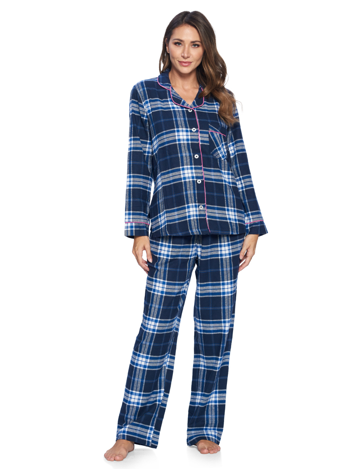 Ashford & Brooks Women's Flannel Plaid Pajamas Long Pj Set - Navy White  Blue Plaid ABW78181FPJNVWH
