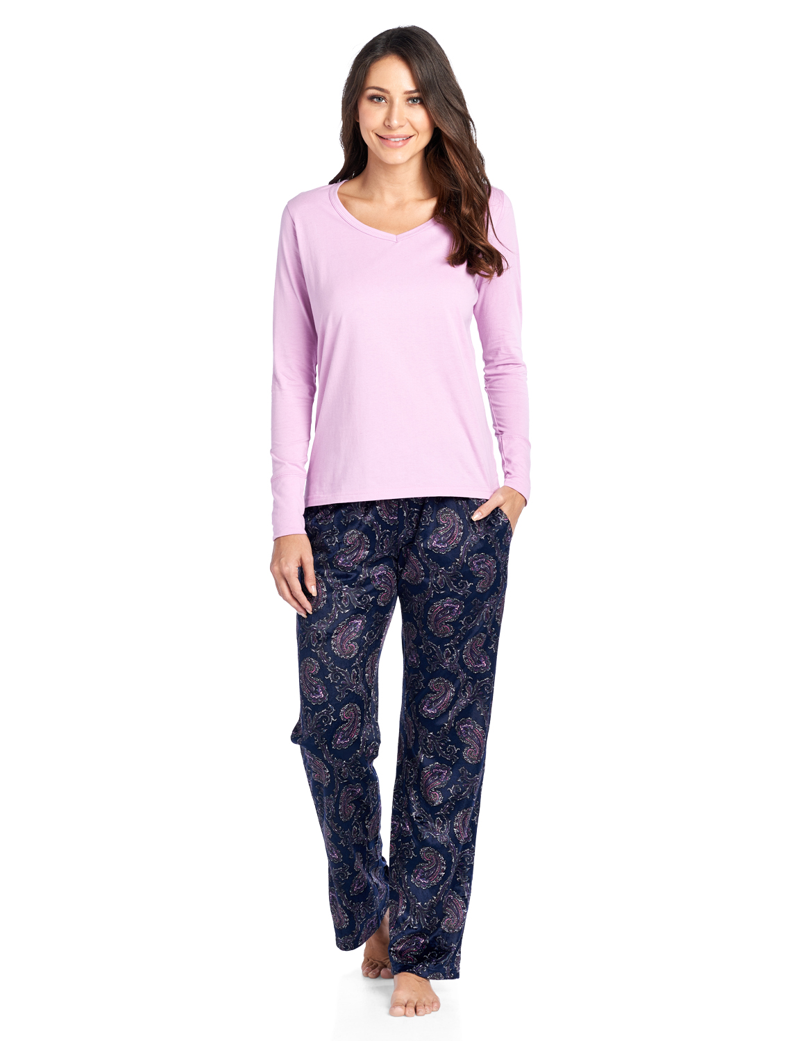 Ashford & Brooks Women's Long Sleeve Cotton Top Fleece Pants Pajama Set ...