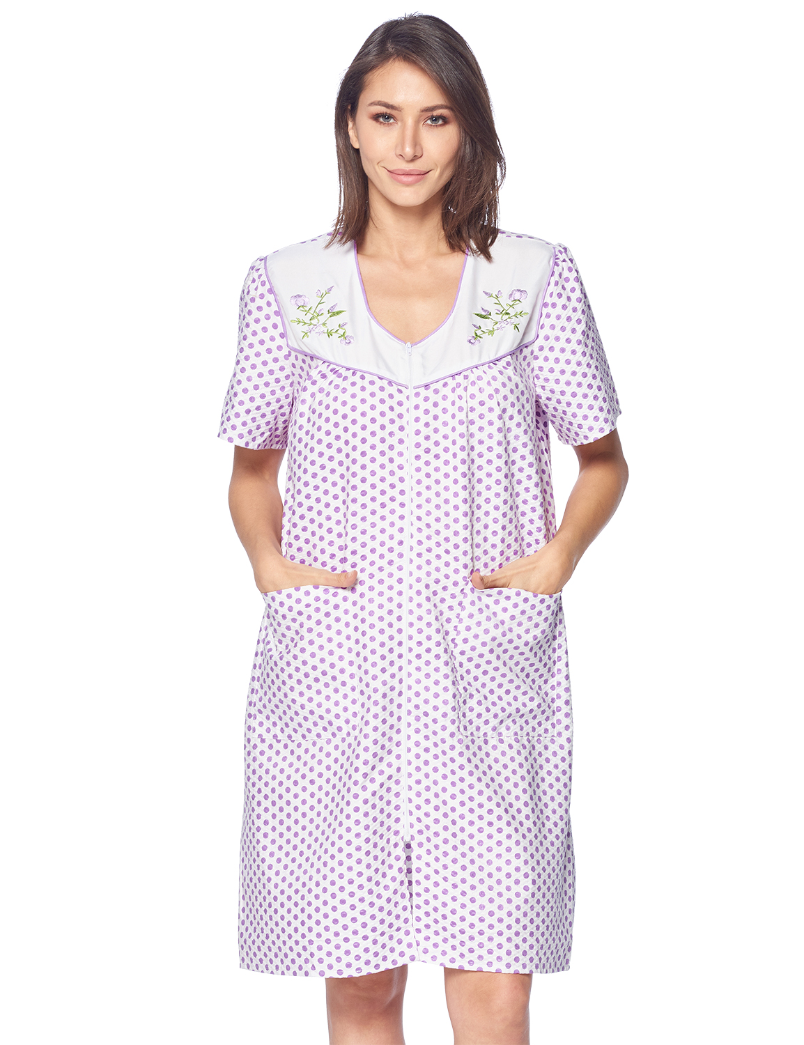 Casual Nights Women s Zipper Front House Dress Short Sleeves Embroidered Seersucker Housecoat Duster Lounger Dots Lilac LA2011LI