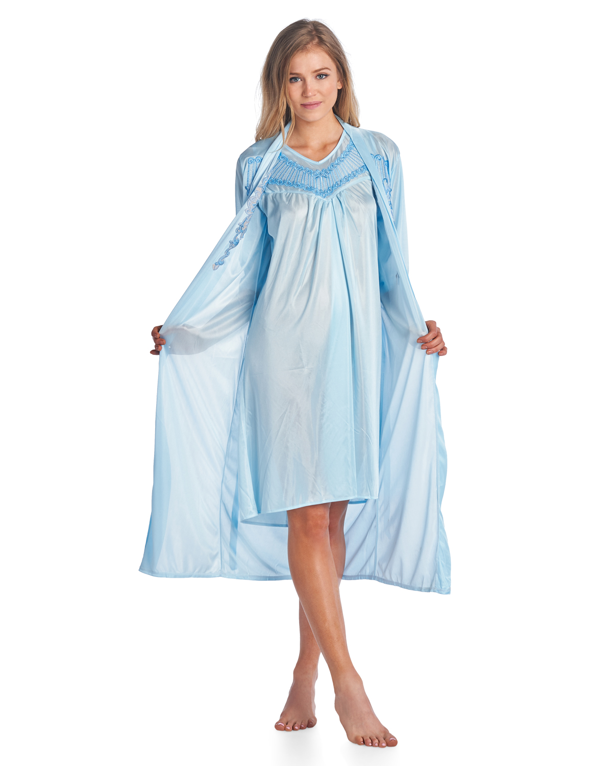 Casual Nights Womens Satin 2 Piece Robe And Nightgown Set Embroidered Blue La416bl