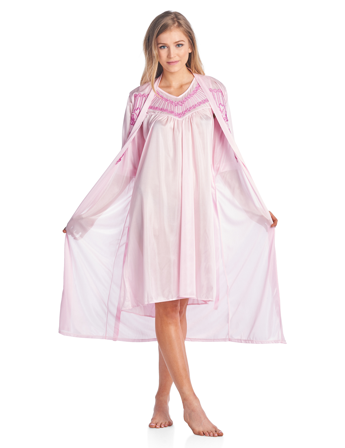 Casual Nights Womens Satin 2 Piece Robe And Nightgown Set Embroidered Pink La416pk