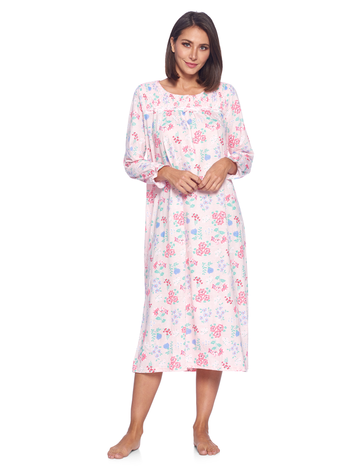 Casual Nights Women's Long Floral & Lace Henley Nightgown - Pink LA671PK